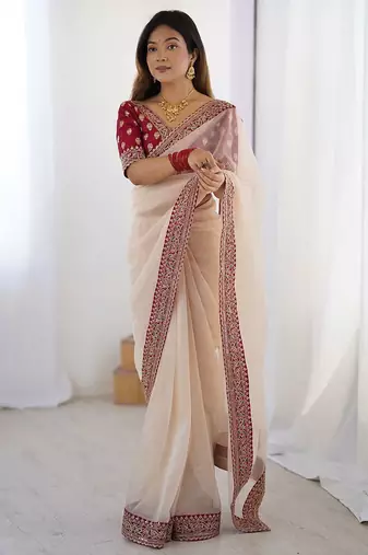 White embellished border sequinned  chiffon saree
