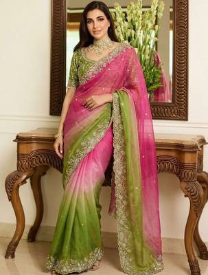 Pink embroidered banarasi sarees with unstitched blouse piece 3