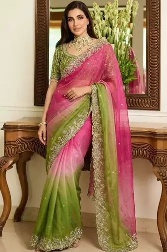 Pink embroidered banarasi sarees with unstitched blouse piece