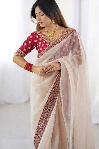 White embellished border sequinned  chiffon saree