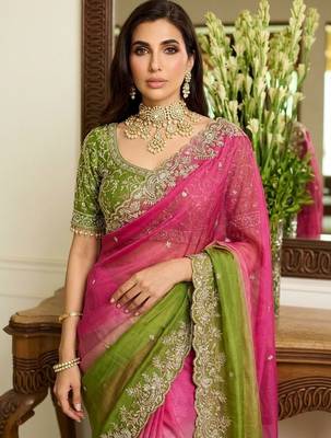 Pink embroidered banarasi sarees with unstitched blouse piece 4