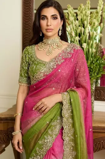 Pink embroidered banarasi sarees with unstitched blouse piece