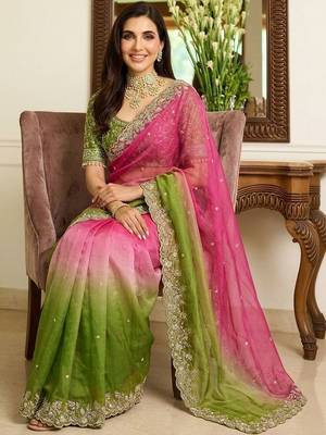 Pink embroidered banarasi sarees with unstitched blouse piece 5