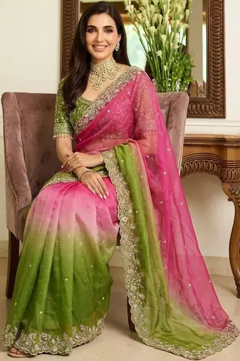 Pink embroidered banarasi sarees with unstitched blouse piece