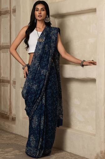 Blue paisley printed cotton saree