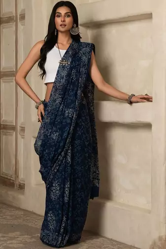 Blue paisley printed cotton saree