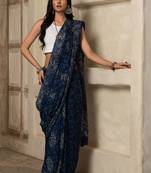 Blue paisley printed cotton saree