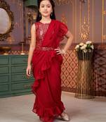 Maroon  georgette ready to wear ruffles saree with sequin blouse