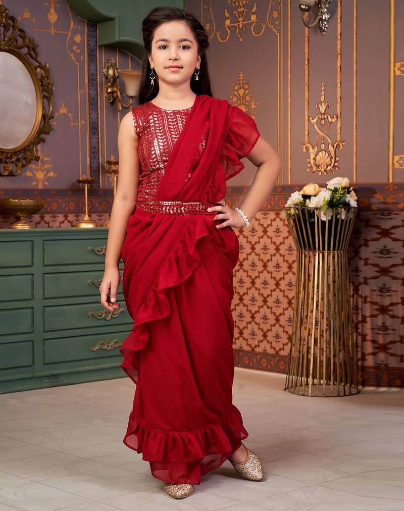 Maroon  georgette ready to wear ruffles saree with sequin blouse