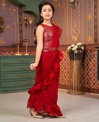 Maroon  georgette ready to wear ruffles saree with sequin blouse 2