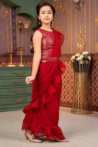Maroon  georgette ready to wear ruffles saree with sequin blouse