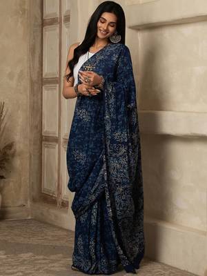 Blue paisley printed cotton saree 3