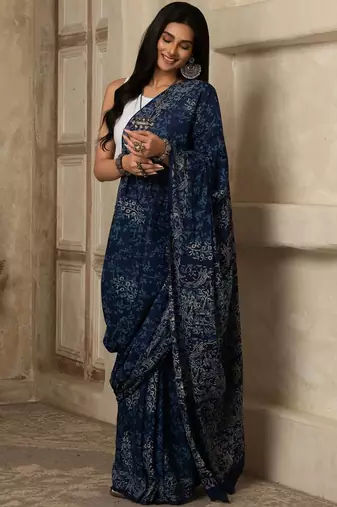 Blue paisley printed cotton saree