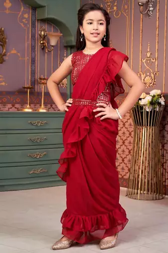 Maroon  georgette ready to wear ruffles saree with sequin blouse