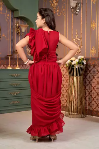 Maroon  georgette ready to wear ruffles saree with sequin blouse