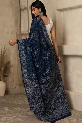 Blue paisley printed cotton saree