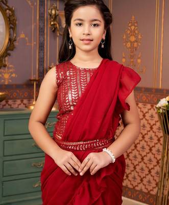 Maroon  georgette ready to wear ruffles saree with sequin blouse 5