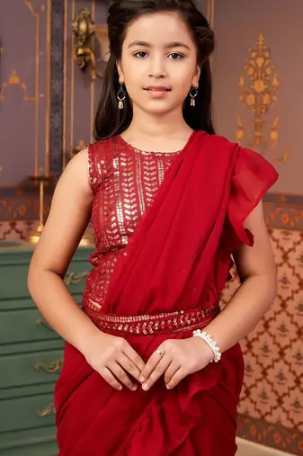 Maroon  georgette ready to wear ruffles saree with sequin blouse