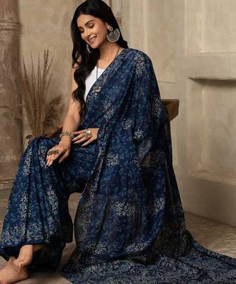Blue paisley printed cotton saree 5