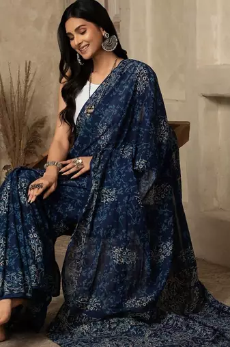 Blue paisley printed cotton saree