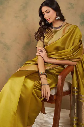 Lime organza zari kanjeevaram saree
