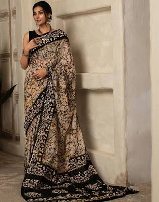 Black batik printed  cotton saree with unstitched blouse piece 1