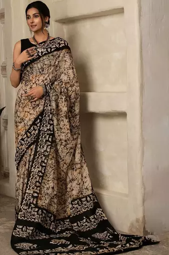 Black batik printed  cotton saree with unstitched blouse piece
