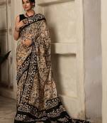 Black batik printed  cotton saree with unstitched blouse piece