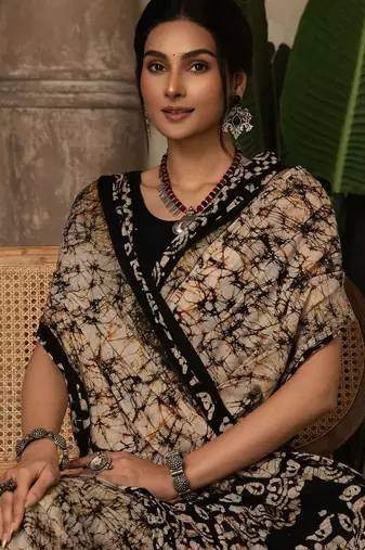 Black batik printed  cotton saree with unstitched blouse piece