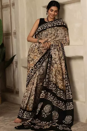 Black batik printed  cotton saree with unstitched blouse piece