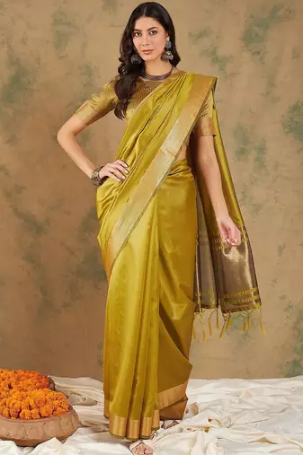 Lime organza zari kanjeevaram saree