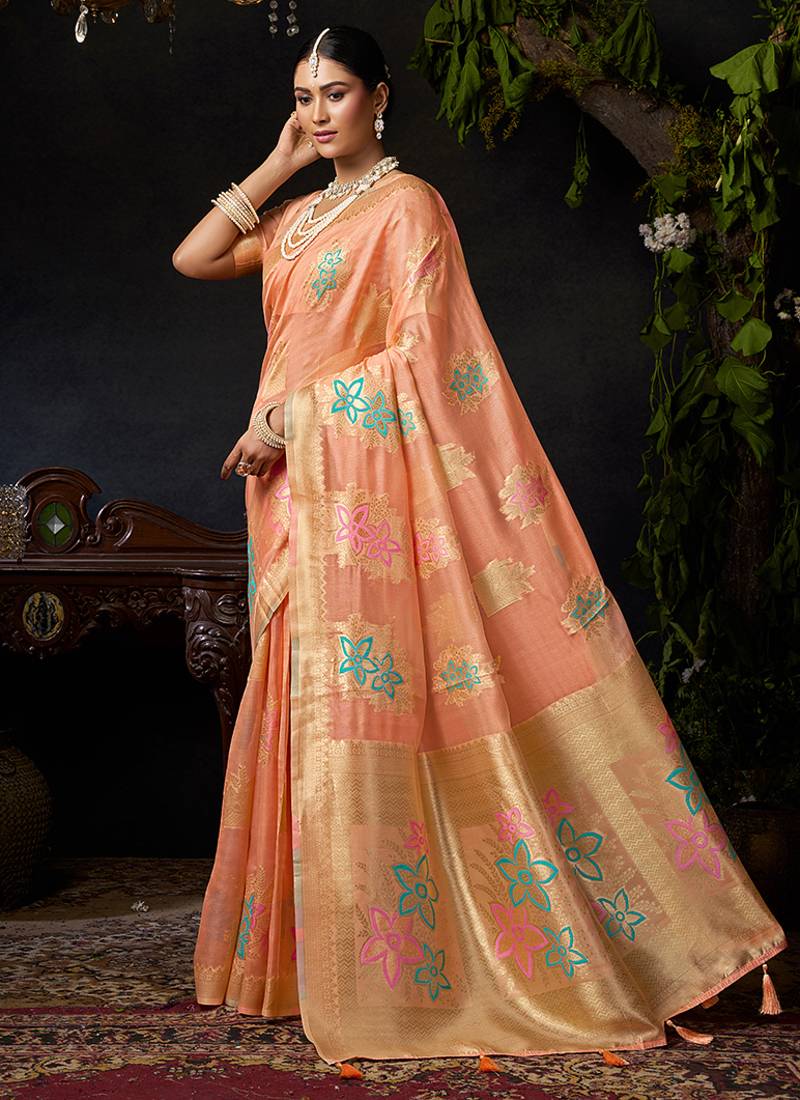 Orange organza khadi with jhallar festive wear saree