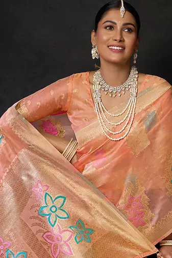 Orange organza khadi with jhallar festive wear saree
