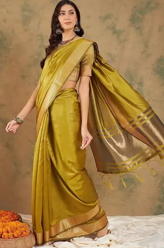 Lime organza zari kanjeevaram saree
