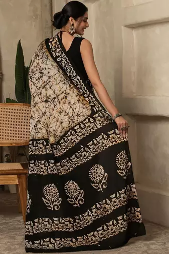 Black batik printed  cotton saree with unstitched blouse piece