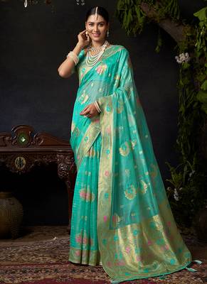 Sky blue organza khadi with jhallar festive wear saree 1