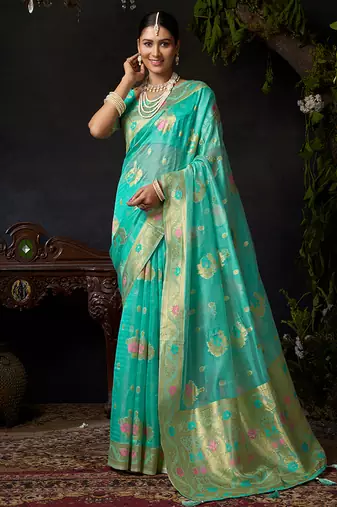 Sky blue organza khadi with jhallar festive wear saree