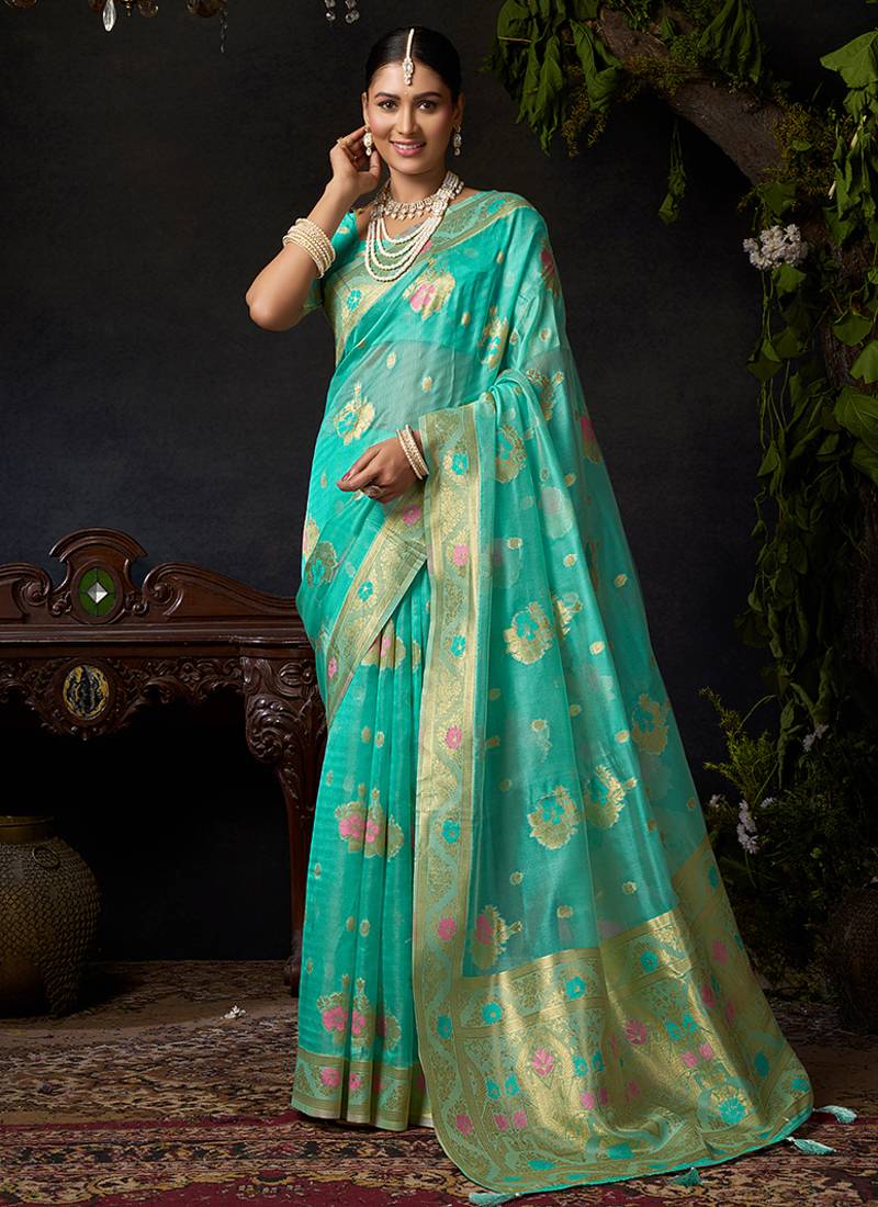 Sky blue organza khadi with jhallar festive wear saree