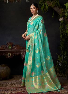 Sky blue organza khadi with jhallar festive wear saree 2