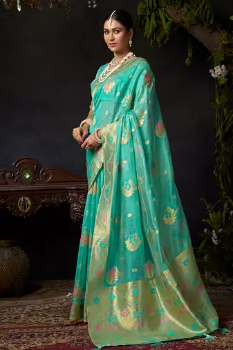 Sky blue organza khadi with jhallar festive wear saree