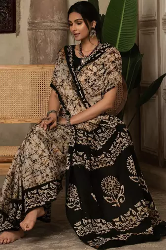 Black batik printed  cotton saree with unstitched blouse piece