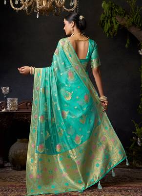 Sky blue organza khadi with jhallar festive wear saree 3