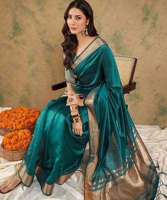Teal organza zari kanjeevaram saree 1