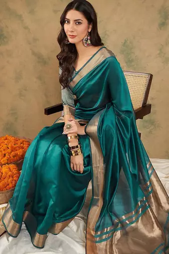 Teal organza zari kanjeevaram saree