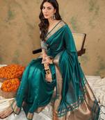 Teal organza zari kanjeevaram saree