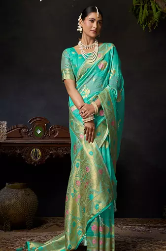 Sky blue organza khadi with jhallar festive wear saree