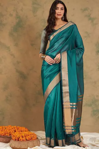 Teal organza zari kanjeevaram saree