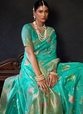 Sky blue organza khadi with jhallar festive wear saree 5