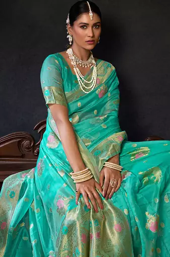 Sky blue organza khadi with jhallar festive wear saree