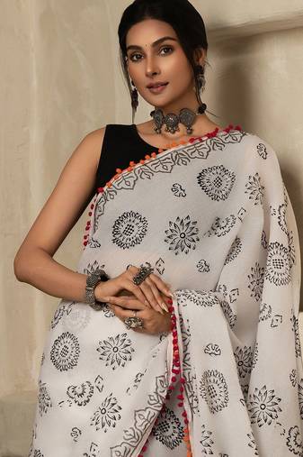 White floral printed  cotton saree